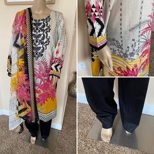 Pakistani off white &black 3pcs lawn dress,ready to wear